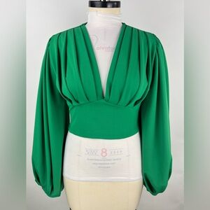 434B-GREEN. Balloon Sleeve Empire Waist Crop Blouse